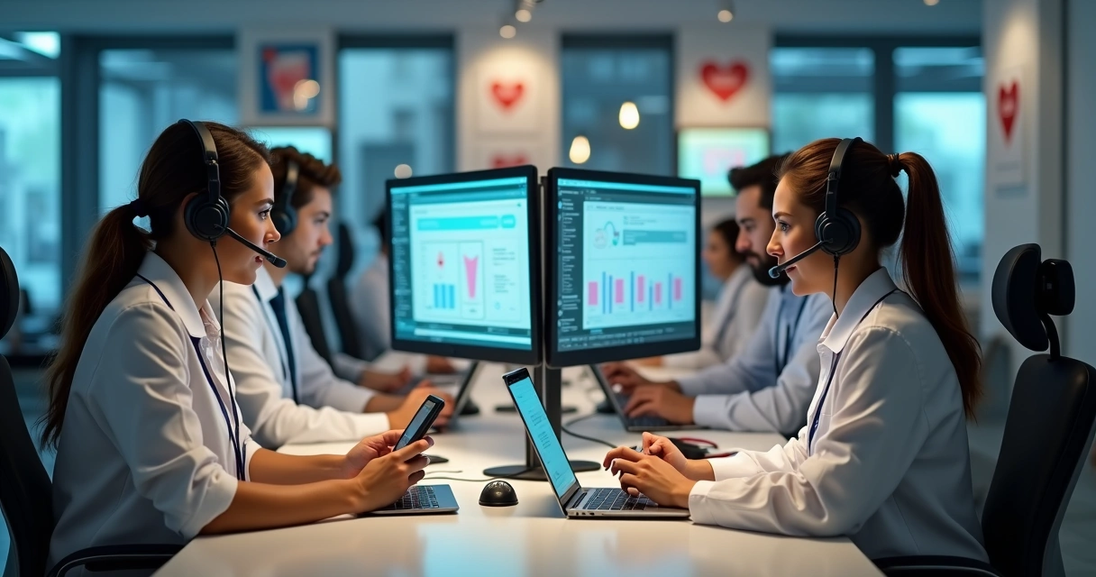 Equipe profissional em call center odontológico atendendo pacientes via WhatsApp e CRM moderno 