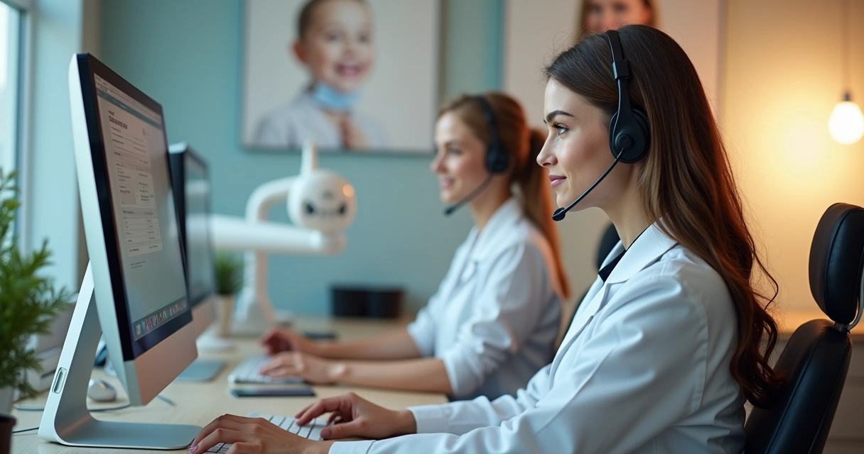 Equipe de atendimento da clínica odontológica realizando agendamento de pacientes em ambiente moderno e tecnológico 
