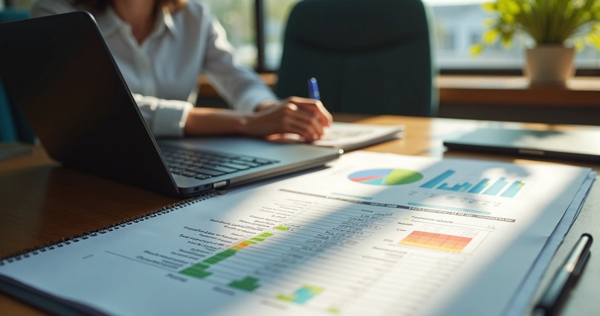 Pessoa revisando planilha de pagamentos ao lado de computador com interface de sistema financeiro 