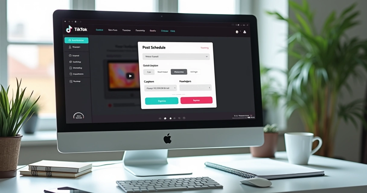 Computador desktop exibindo tela de agendamento de post no TikTok com interface de upload de vídeo e opções de data e hora 