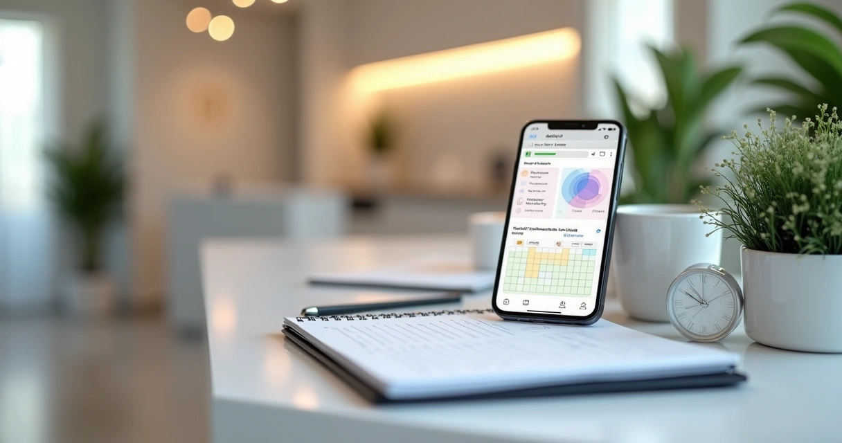 Tela de agenda e prontuário eletrônico de clínica de estética exibidos em notebook e celular
