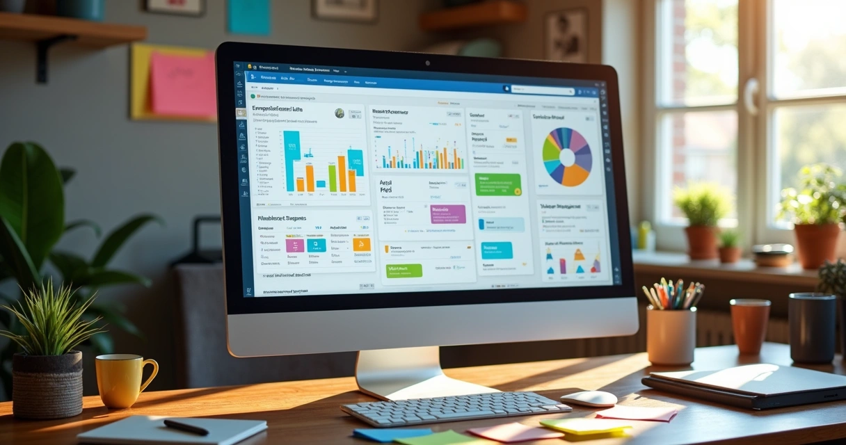 Tela de computador mostrando calendário com posts agendados e gráficos de desempenho 