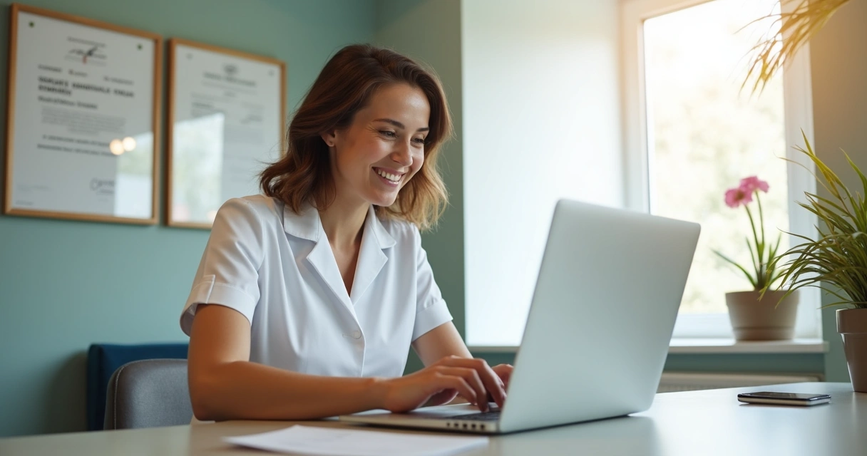 Recepcionista de clínica odontológica agendando um paciente pelo notebook