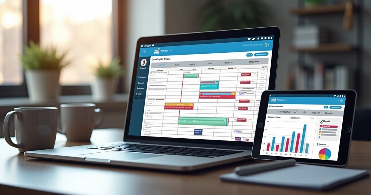 Agendamento de posts em redes sociais com gráficos coloridos ao fundo