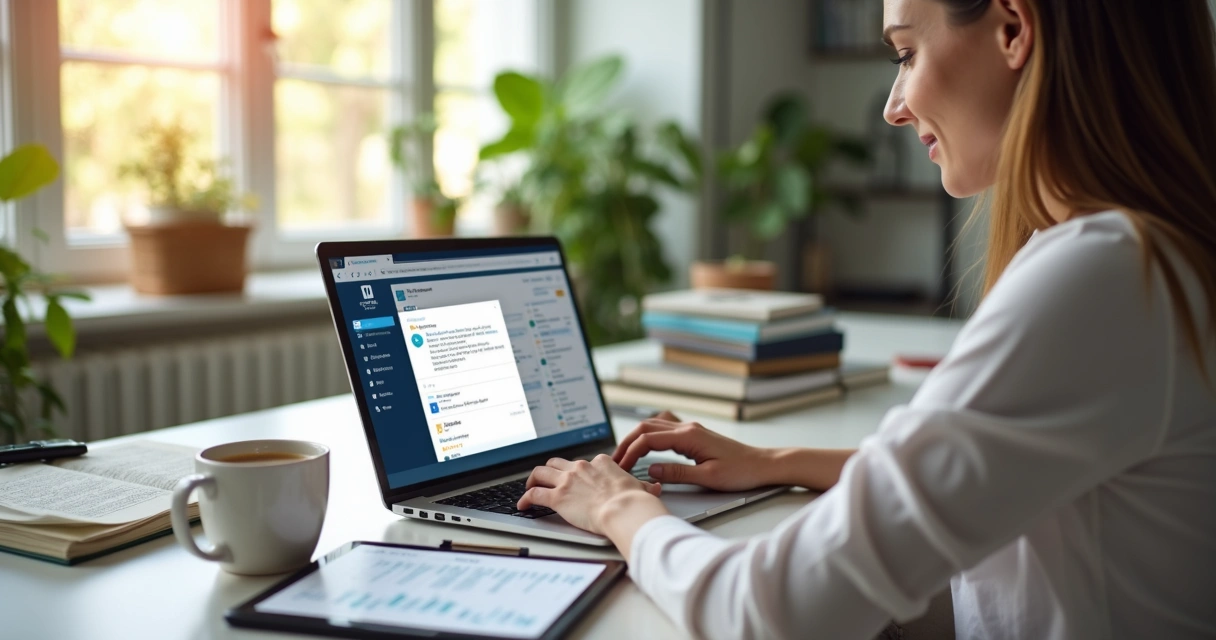 Pessoa usando notebook com LinkedIn aberto ao lado de um calendário e xícara de café