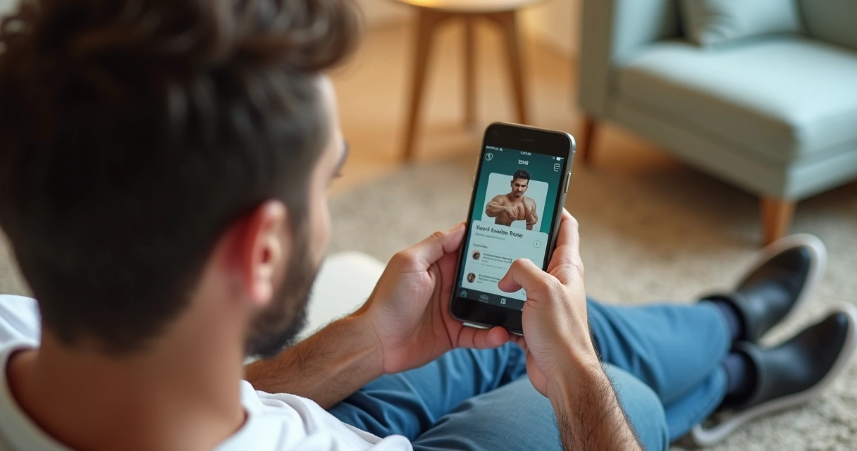 Homem usando smartphone para agendar serviço de massagista em ambiente moderno e iluminado 