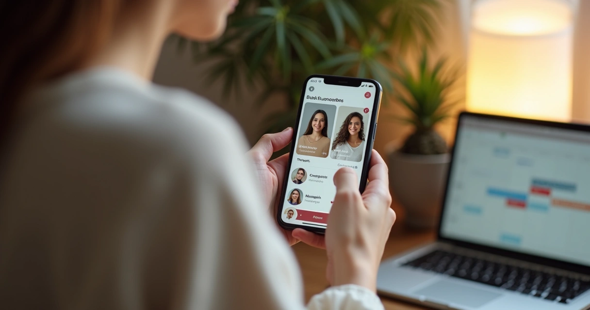 Pessoa usando smartphone para agendar serviço de massagem online com interface segura e discreta 