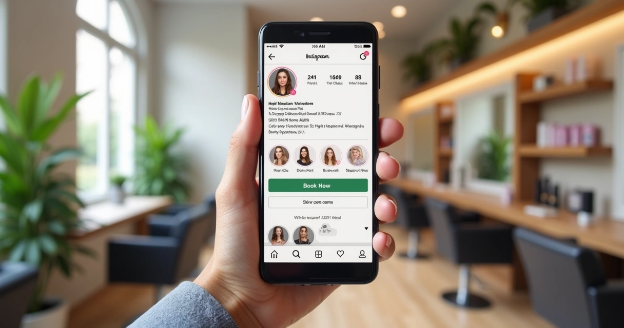 Celular mostrando agendamento de serviços de beleza via Instagram integrado com WhatsApp, ambiente moderno de salão de beleza ao fundo 