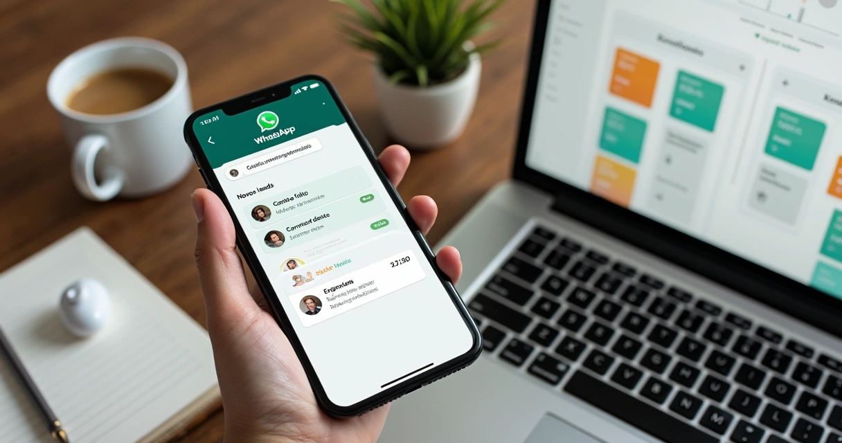 Tela de celular com conversa de agendamento recorrente de serviços no WhatsApp sobre mesa de trabalho 