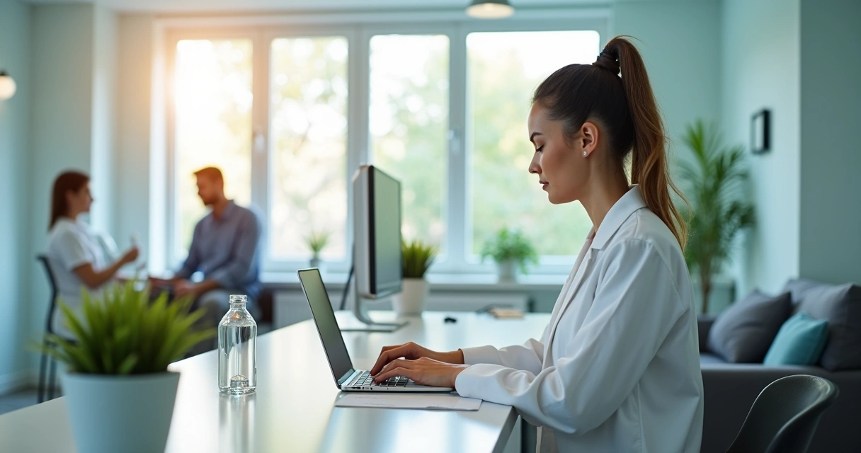 Recepcionista digitando SMS de agendamento em clínica moderna