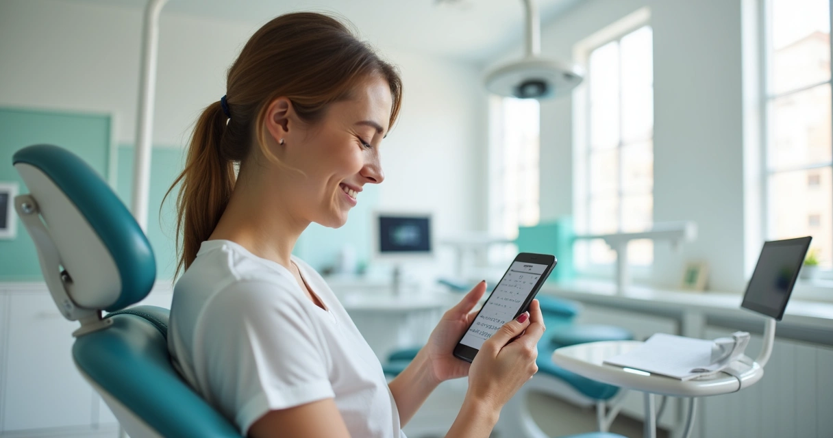 Paciente sorrindo ao agendar uma consulta odontológica pelo celular 
