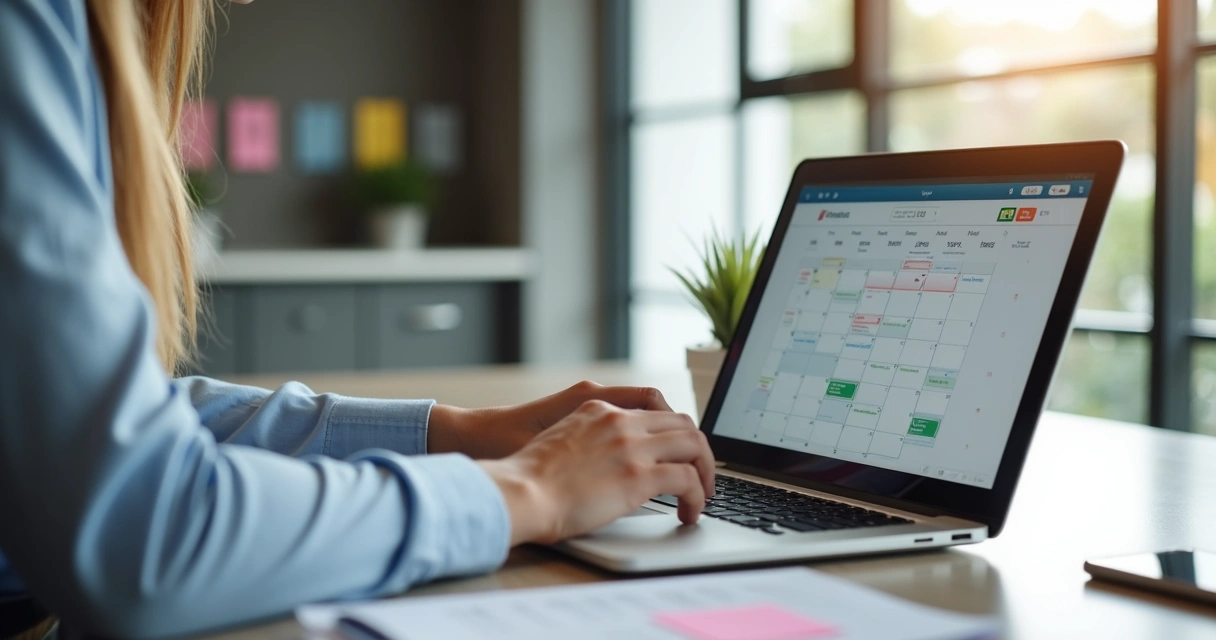 Síndico acessando agenda digital em um notebook 