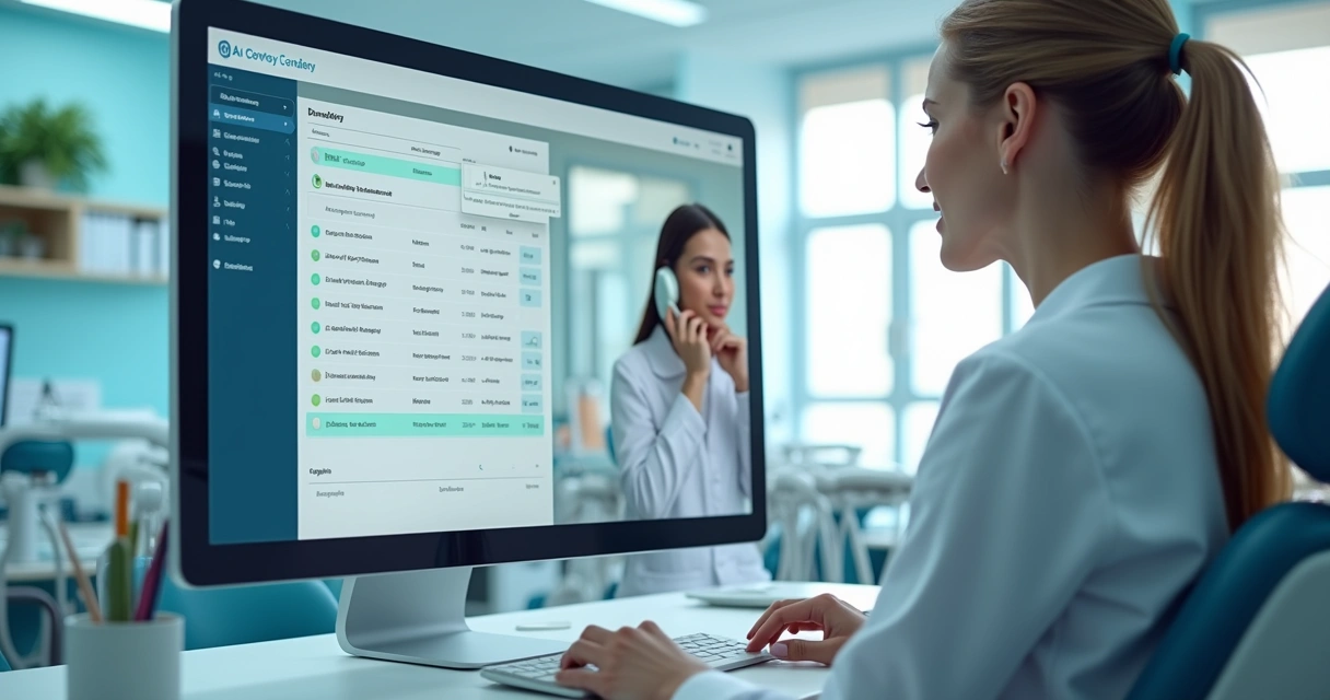 Computador exibindo interface de agendamento automatizado via WhatsApp para consultório odontológico moderno 