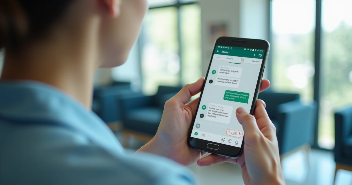 Paciente usando WhatsApp no consultório para agendar consulta com chatbot. 