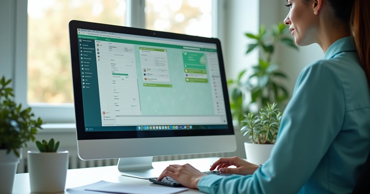 Secretária médica usando WhatsApp no desktop 