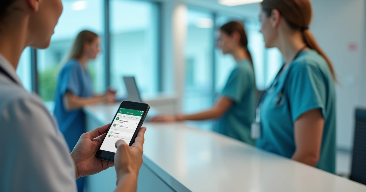 Pessoa usando celular para agendar consulta por WhatsApp na recepção de clínica 