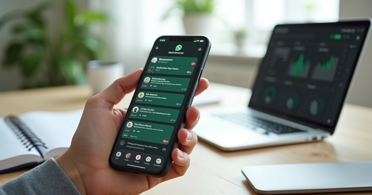 Tela de celular com WhatsApp aberto mostrando mensagens agendadas ao lado de agenda e relógio 
