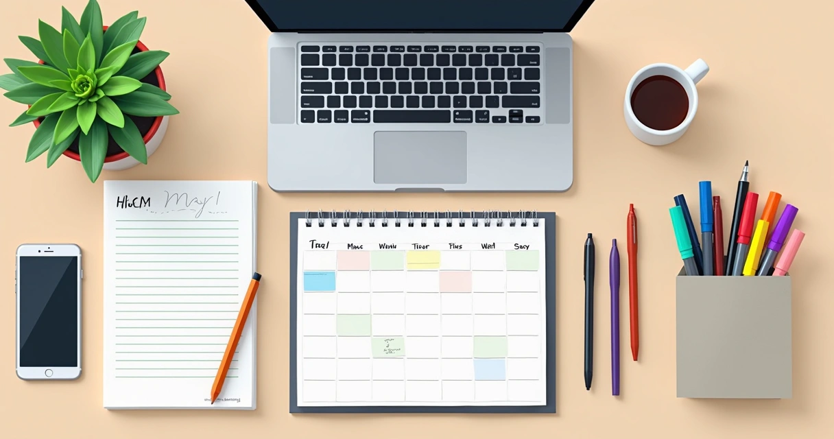 Mesa com agenda digital, bullet journal e celular com aplicativo de tarefas. 