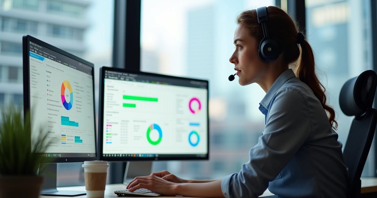 Agente de atendimento ao cliente analisando feedbacks e gráficos em tela