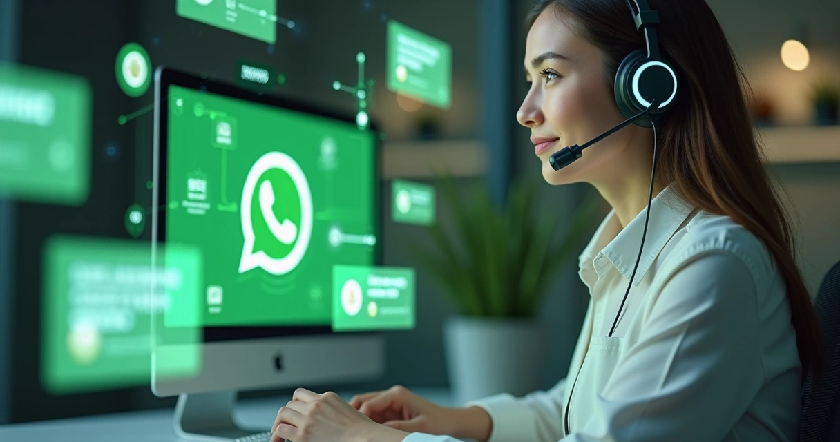 Agente virtual conversando com cliente no WhatsApp em ambiente tecnológico.