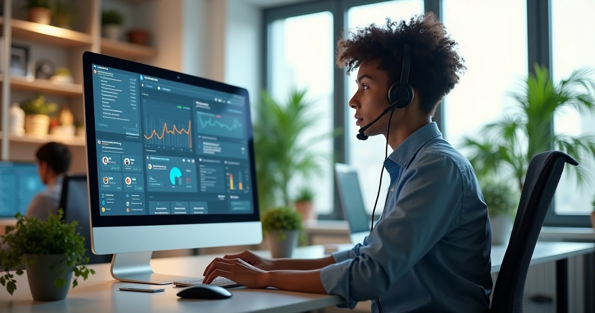 Agente de atendimento ao cliente em espaço de trabalho moderno, usando headset e computador com telas mostrando múltiplos canais de comunicação e gráficos de atendimento 
