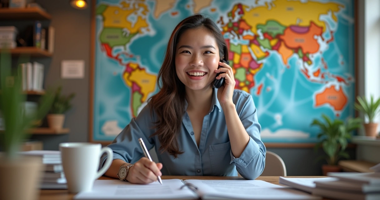 Agente de viagens sorrindo enquanto fala pelo telefone com cliente em mesa organizada. 