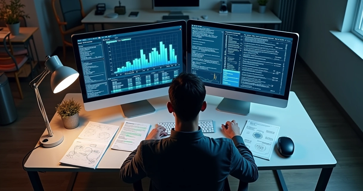 Pessoa monitorando dashboards de automação de dados em duas telas 