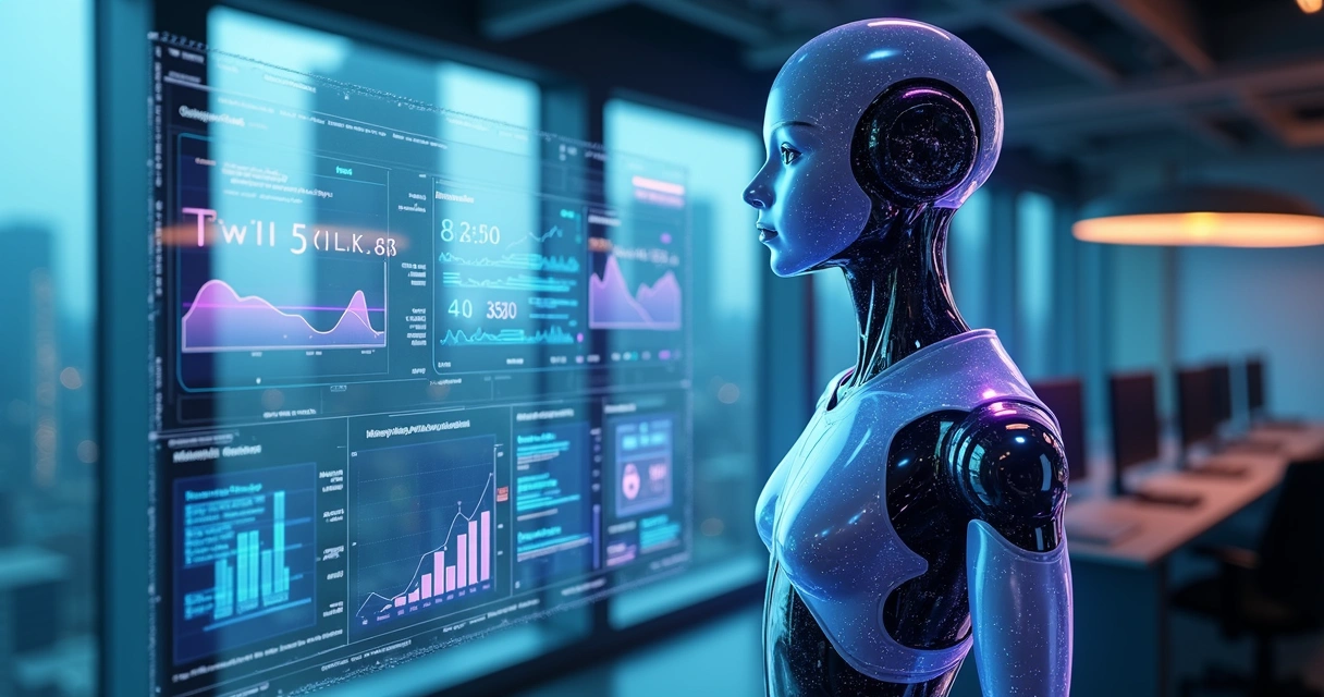 Agente de IA monitora processos empresariais com gráficos digitais. 