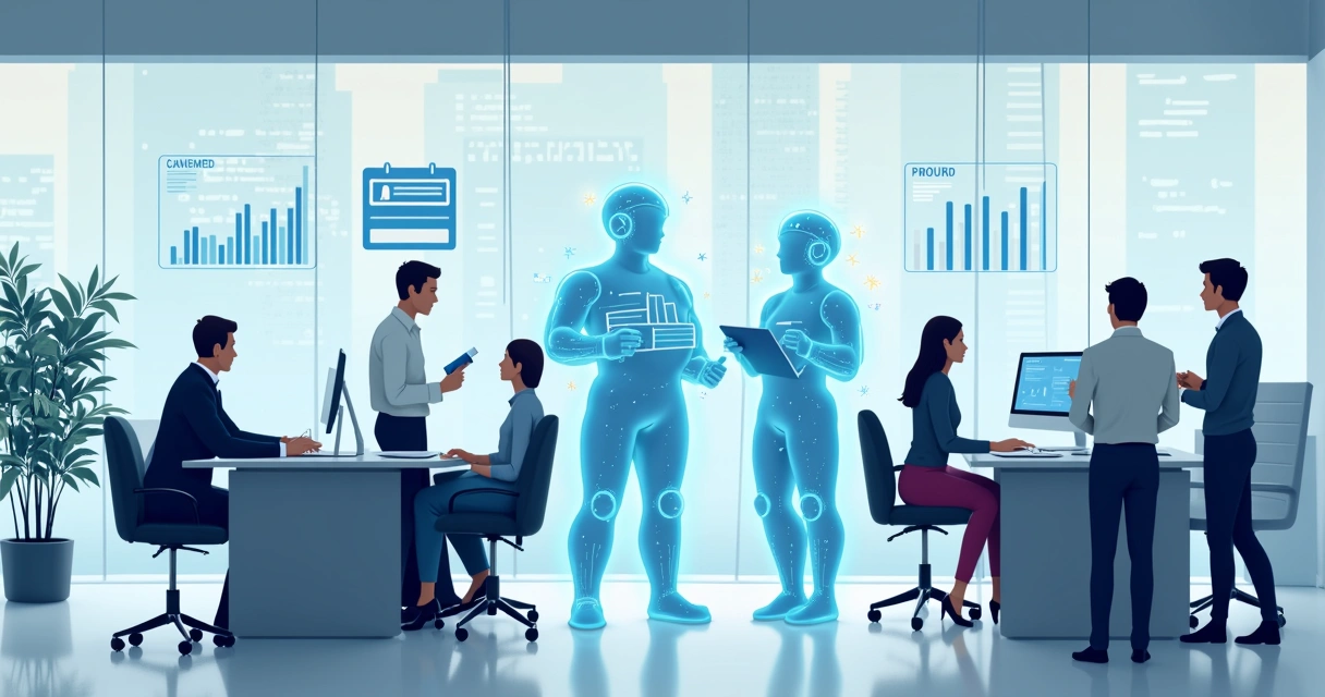 Representação gráfica de agentes autônomos digitais cooperando com equipe humana em ambiente empresarial 