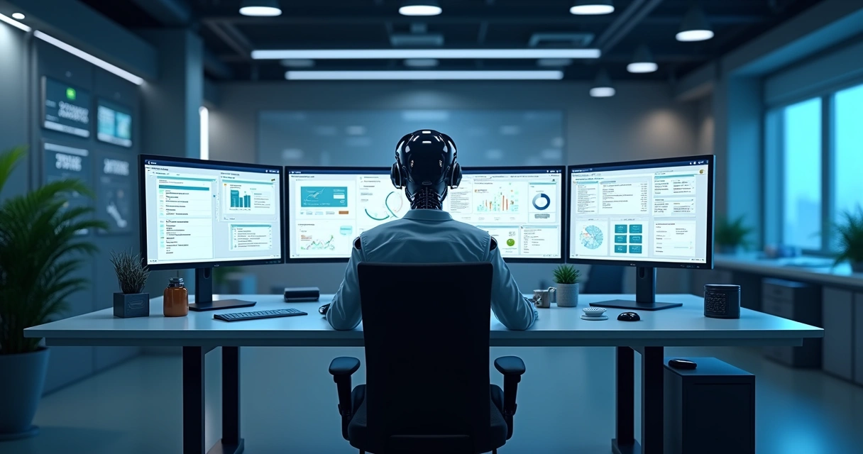 Agente autônomo digital executando tarefas empresariais no computador