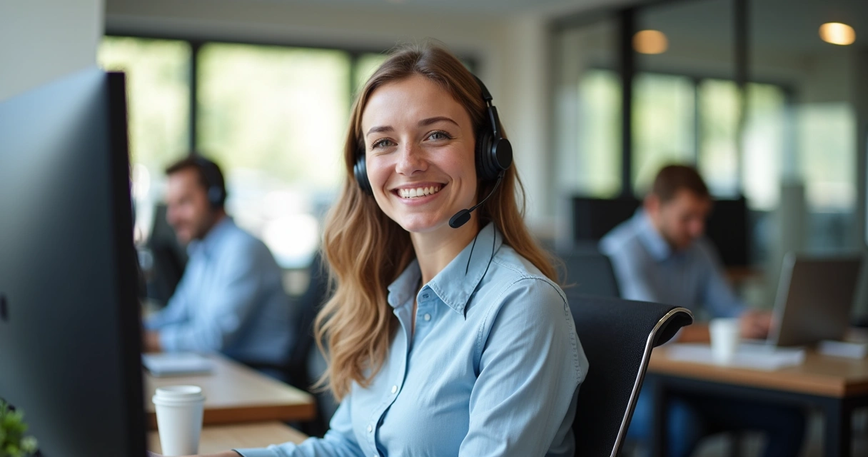 Agente de call center sorrindo com fone de ouvido 