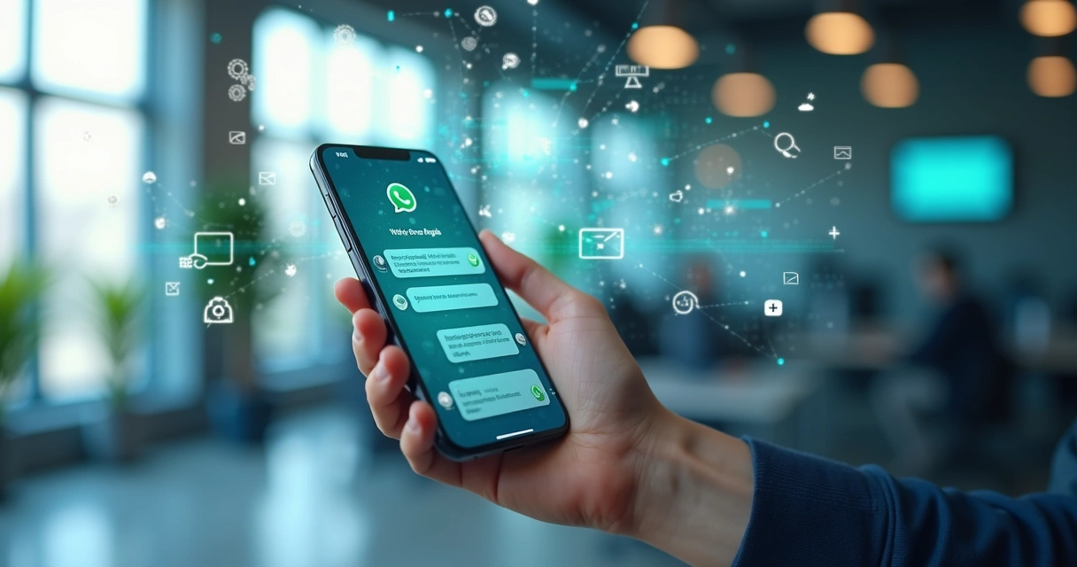 Interface de um chatbot ativo no WhatsApp em smartphone com ícones de inteligência artificial e mensagens automáticas 
