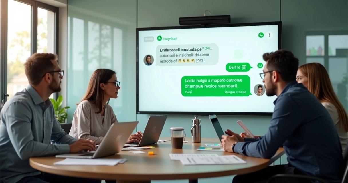 Grupo de pequenos empresários em mesa redonda vendo cobranças automáticas por WhatsApp em tela grande 