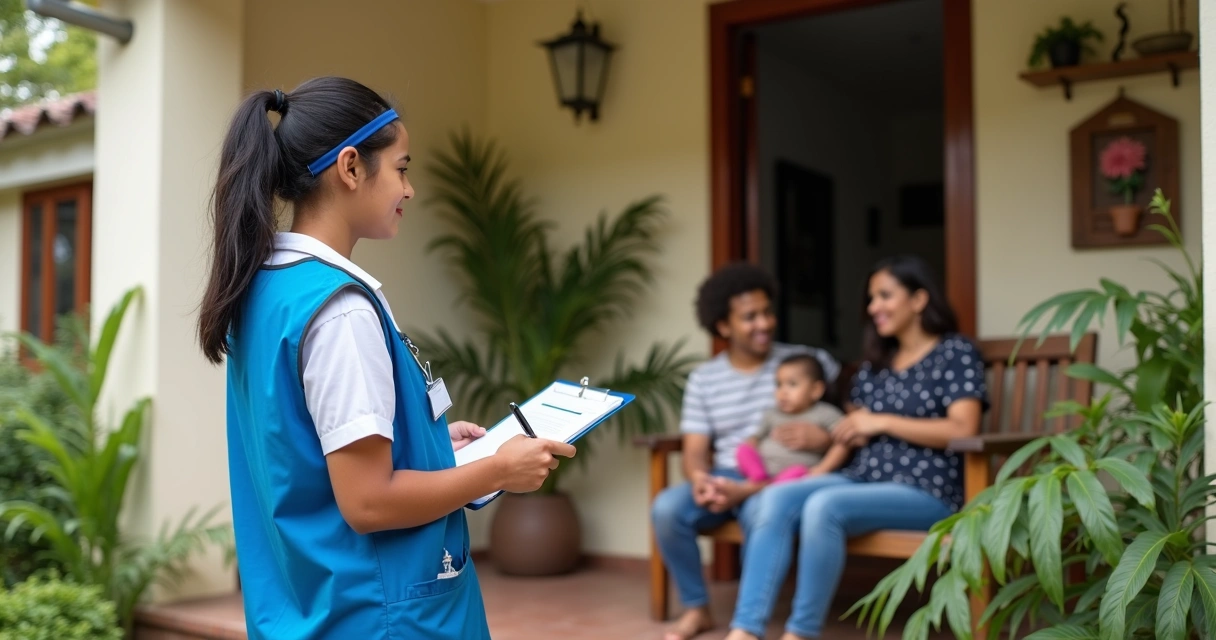 Agente comunitário em visita domiciliar anotando informações em ficha 