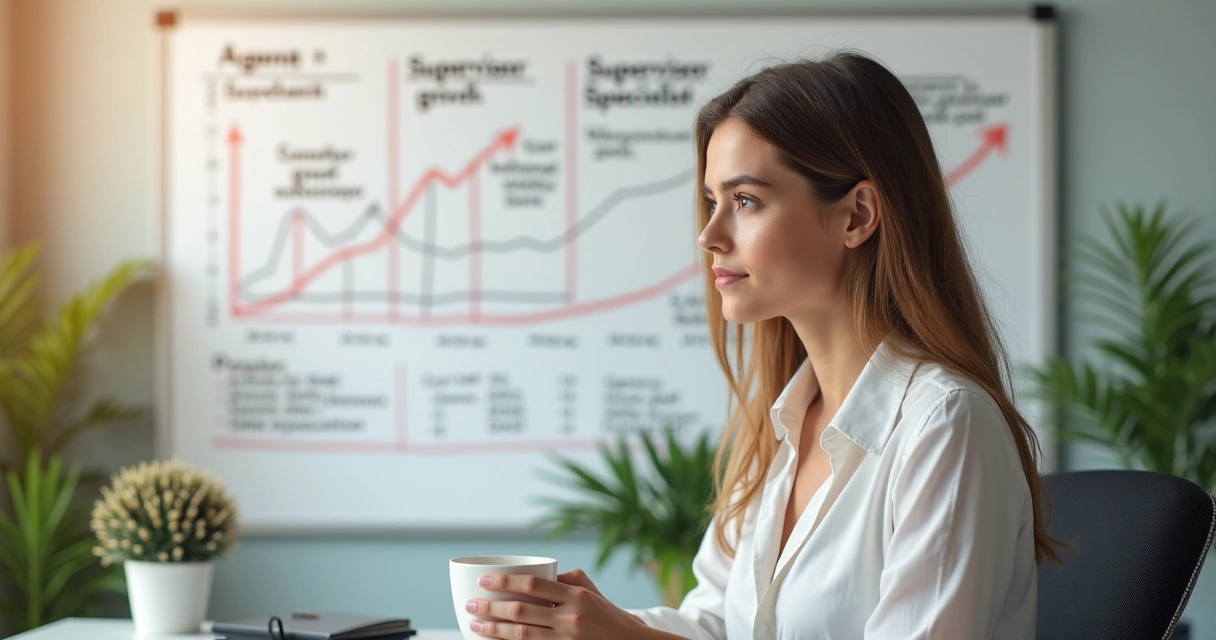 Pessoa em uma mesa de escritório analisando plano de carreira e crescimento 