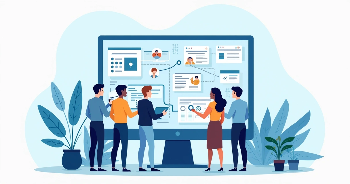 Equipe reunida analisando painel digital com fluxos automatizados de processos. 
