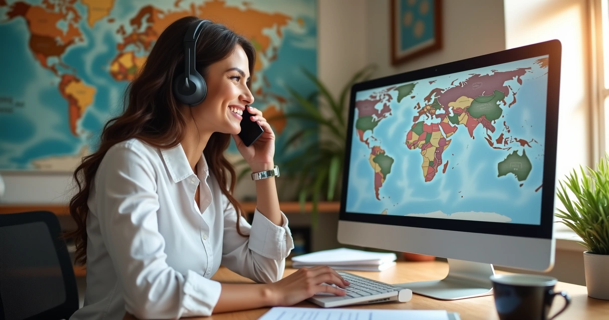 Agente de viagem sorrindo ao telefone, computador aberto mostrando itinerário, ambiente moderno