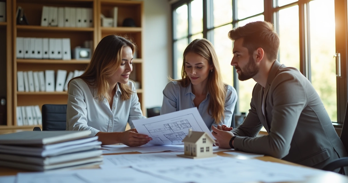 Agente financeiro conversando com clientes em uma imobiliária 