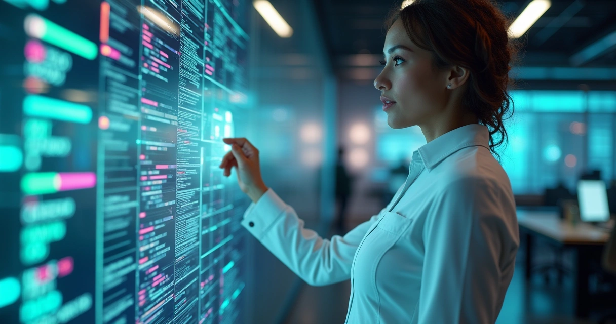 Profissional ajustando configurações digitais em painel holográfico de dados 