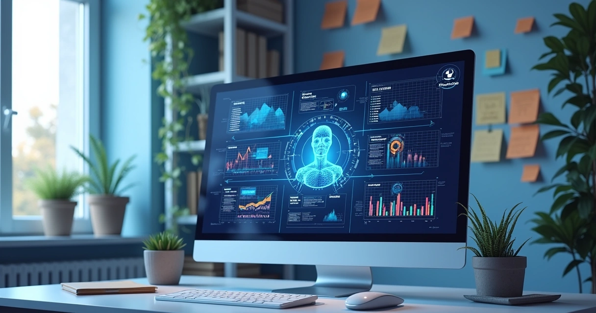 Painel digital com agente de IA analisando palavras-chave e gráficos