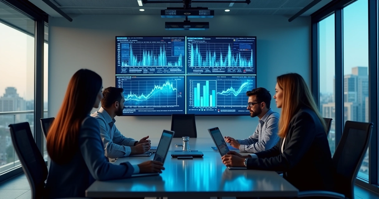 Equipe de negócios monitora gráficos em telas de alta resolução 