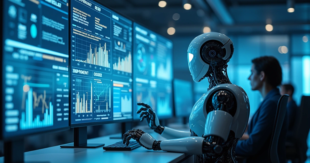 Robô analisando dados em telas flutuantes 