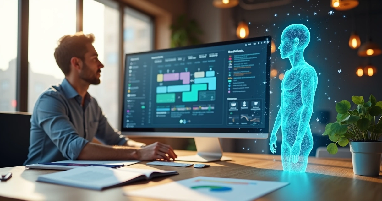 Profissional configurando fluxos em painel visual com agente de IA transparente ao lado 