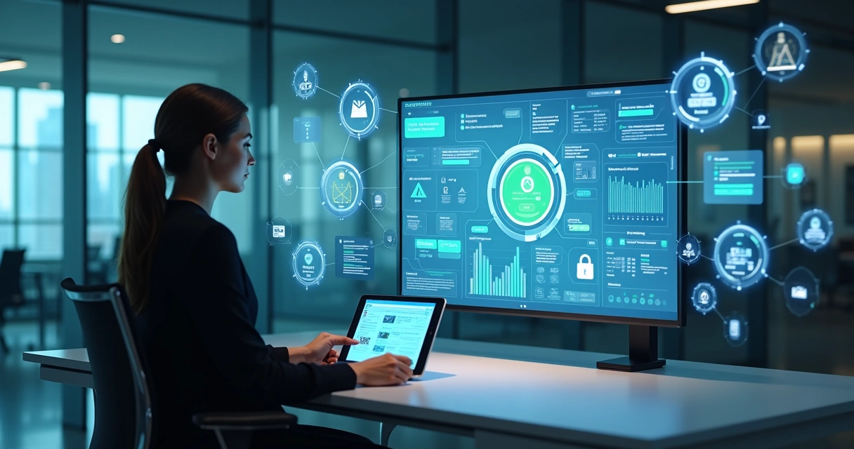 Agente digital de IA prestando atendimento em ambiente corporativo moderno