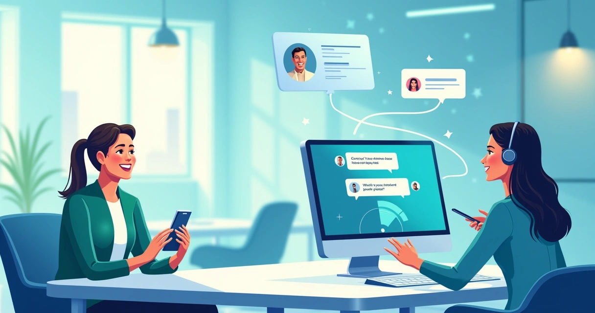 Ambiente de atendimento com agente de IA interagindo com um cliente, mostrando satisfação e eficiência.