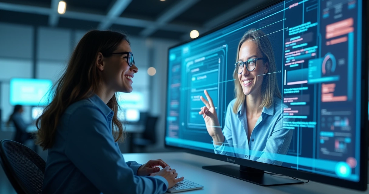 Agente virtual interagindo com cliente em interface digital. 
