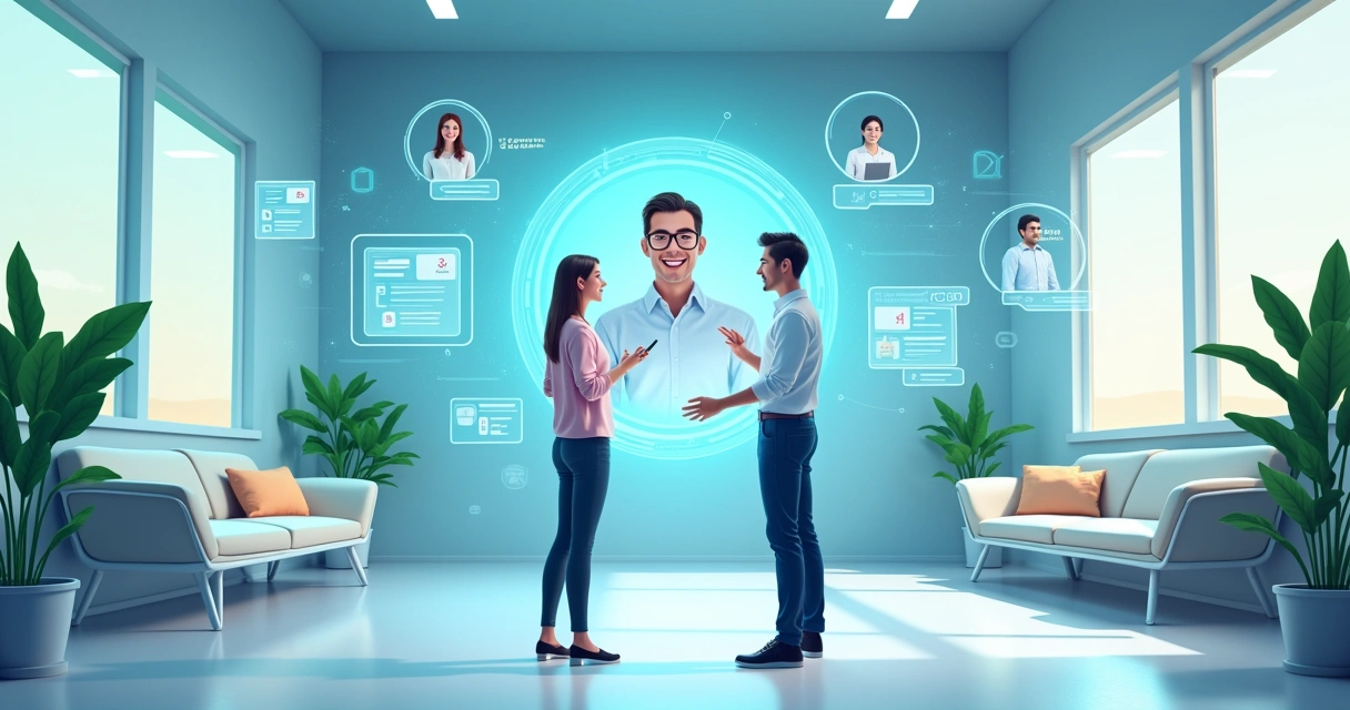 Centro de atendimento ao cliente futurista com agente de IA ajudando um cliente em interface digital.