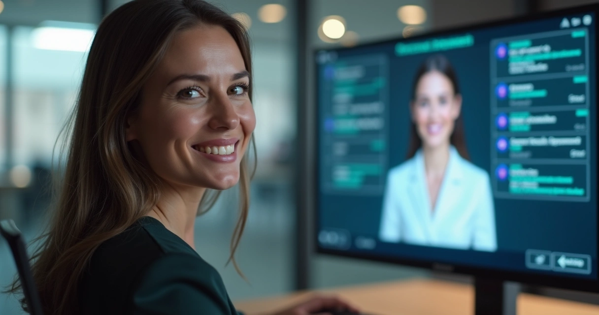 Atendente virtual de IA em tela interagindo com cliente em ambiente corporativo 