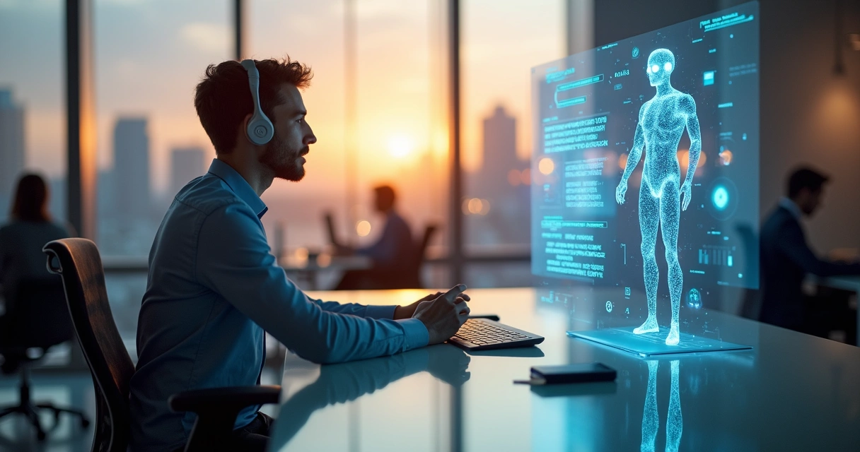 Representação de agente de IA atendendo cliente em ambiente moderno de escritório 