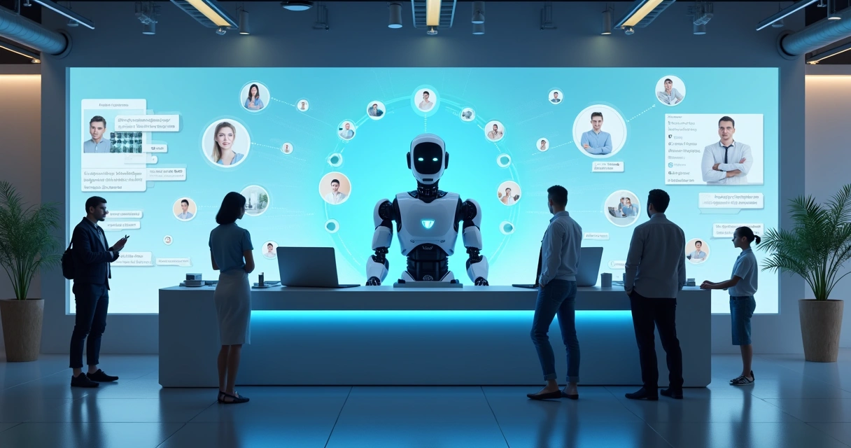 Robô conversando com pessoas em balcão digital de atendimento com telas de chat abertas 